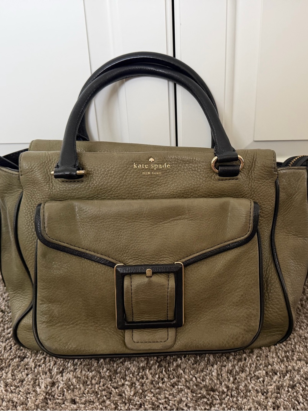 kate spade Olive Green Leather Satchel with Black Trim and Gold Hardware